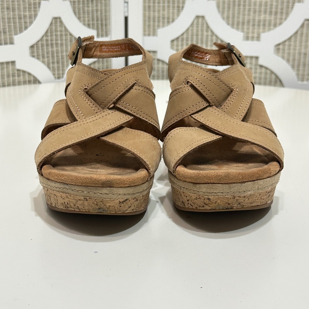 Clarks Womens Eleri Rae Leather Criss Cross Shoes Size 9 Cork Wedge Heel Sandals - Picture 6 of 13